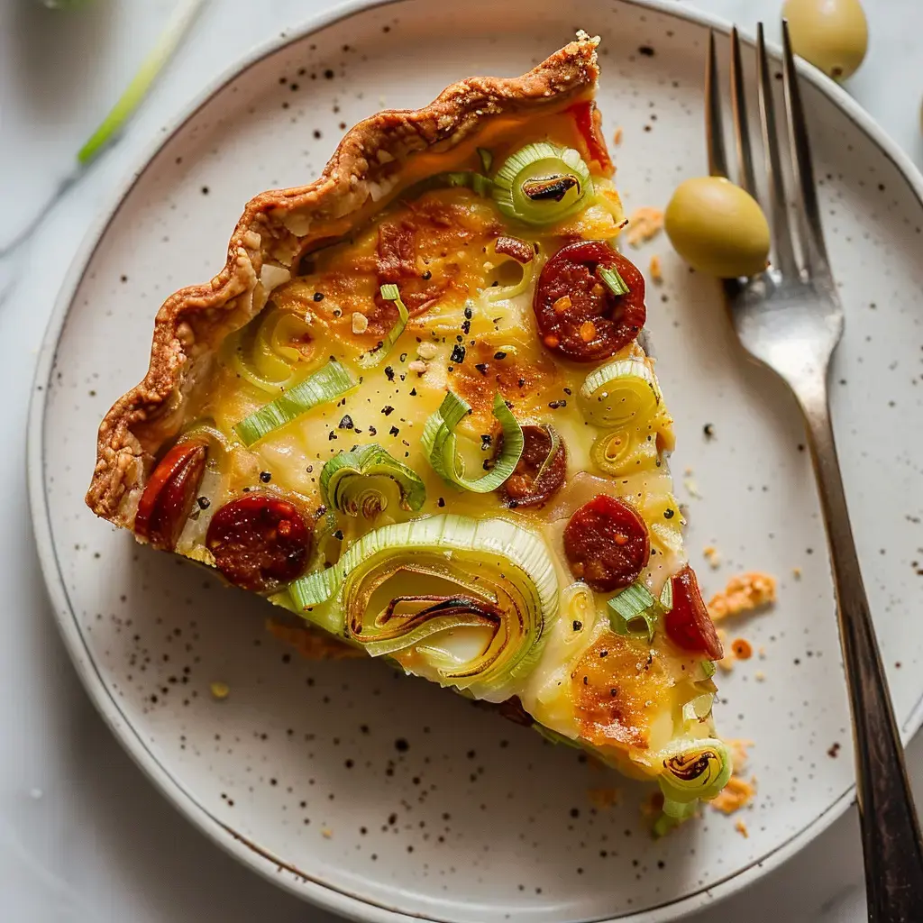 A slice of pie filled with leeks and chorizo on a plate, with a fork beside it.