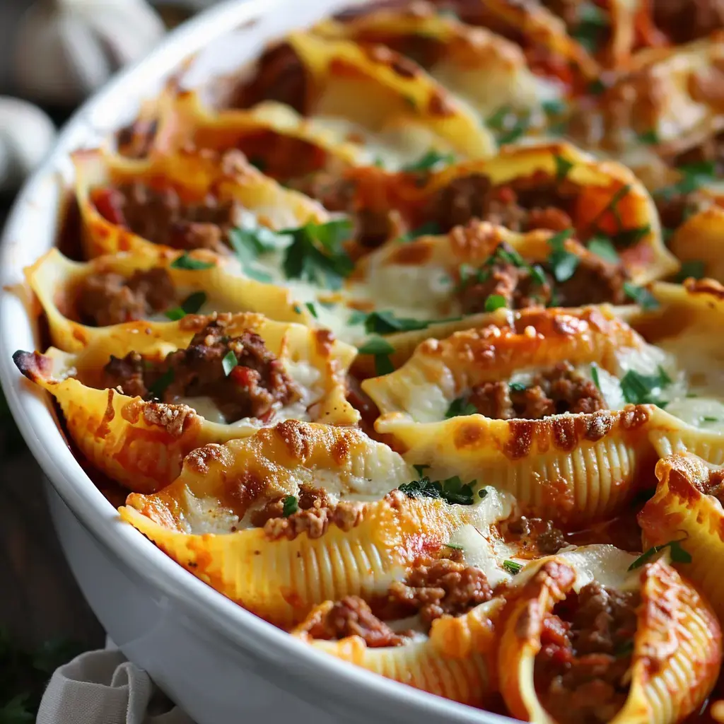A plate of stuffed pasta shells with ground meat and tomato sauce, topped with melted cheese and fresh parsley.