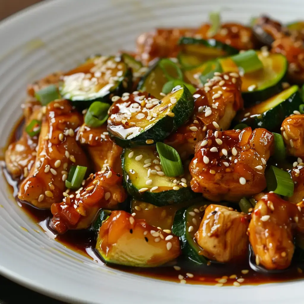 A stir-fry of chicken and zucchini, topped with sesame seeds and green onions.