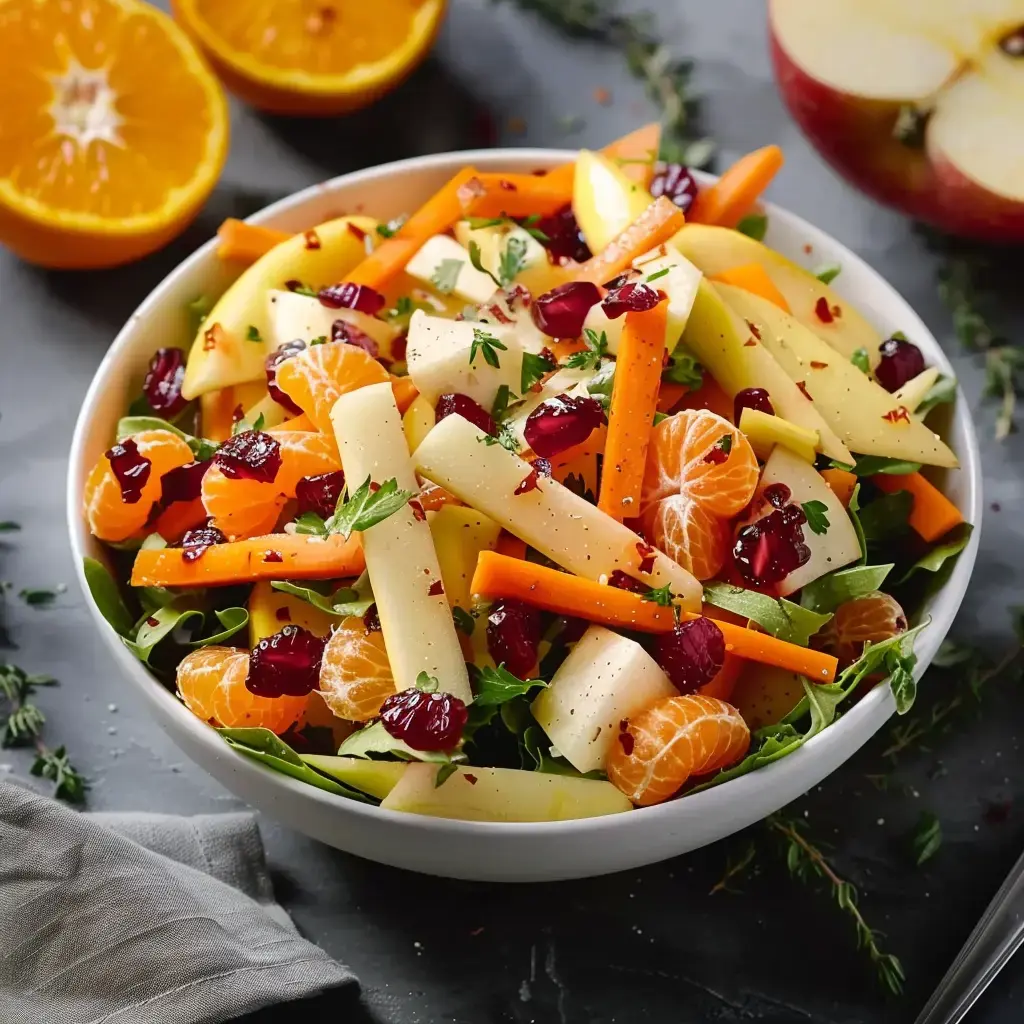 A vibrant bowl of fresh fruits and veggies including carrots, apples, mandarins, and cranberries served in a white dish.