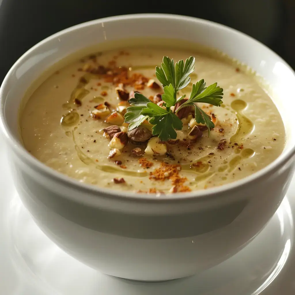 A bowl of creamy squash soup topped with nuts, olive oil, paprika, and a parsley leaf.