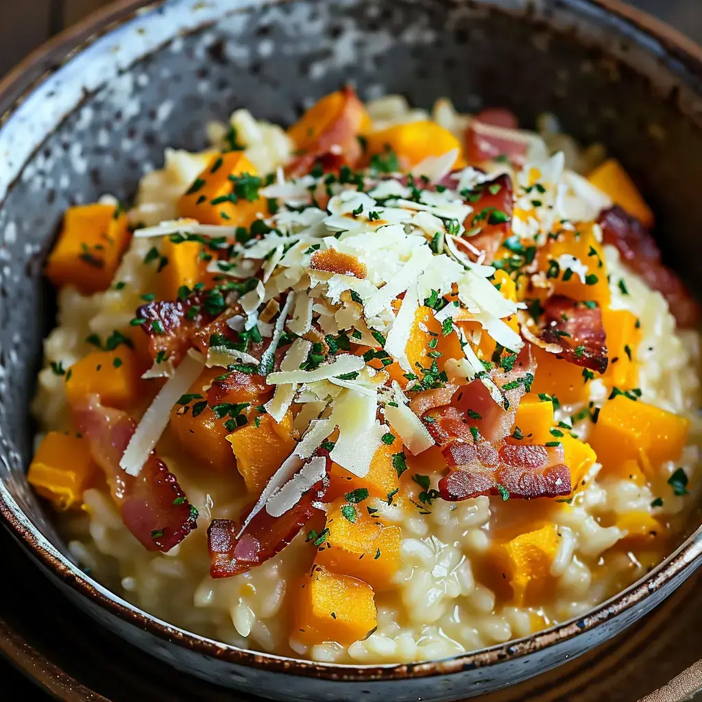 A bowl of creamy risotto topped with pumpkin chunks, crispy bacon, and grated cheese.