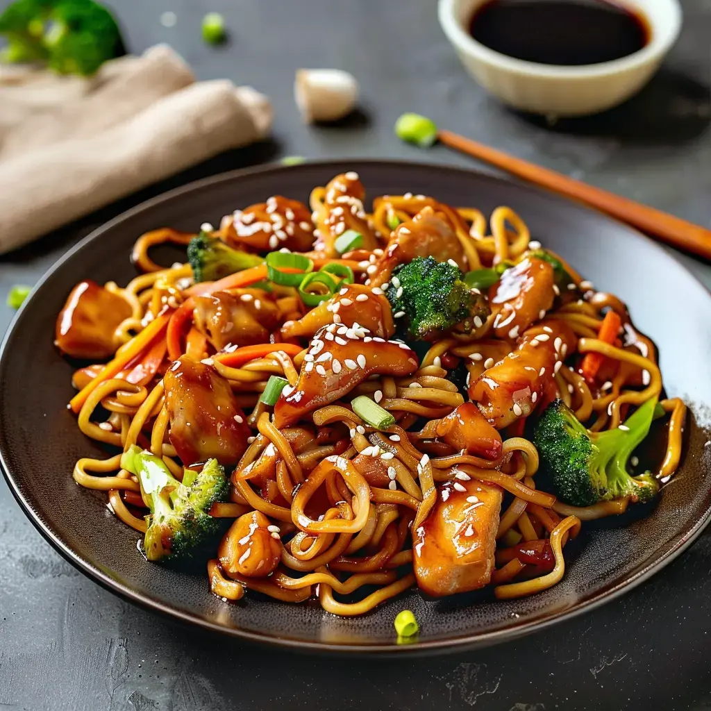 A bowl of noodles with chicken, broccoli, carrots, and green onions topped with sesame seeds.