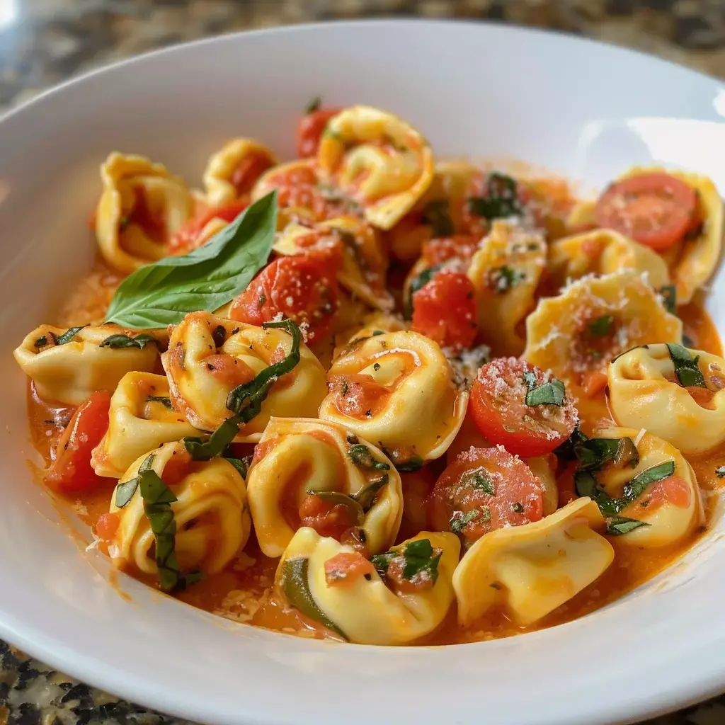 A bowl of tortellini with cherry tomatoes and basil in a creamy sauce.