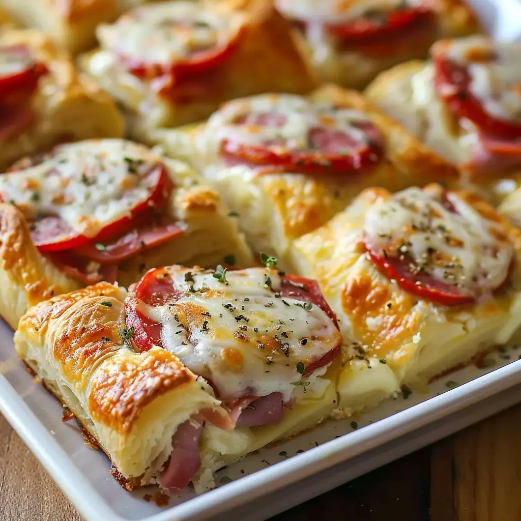 Tasty puff pastry filled with ham, tomato, and cheese, sprinkled with herbs, served on a platter.