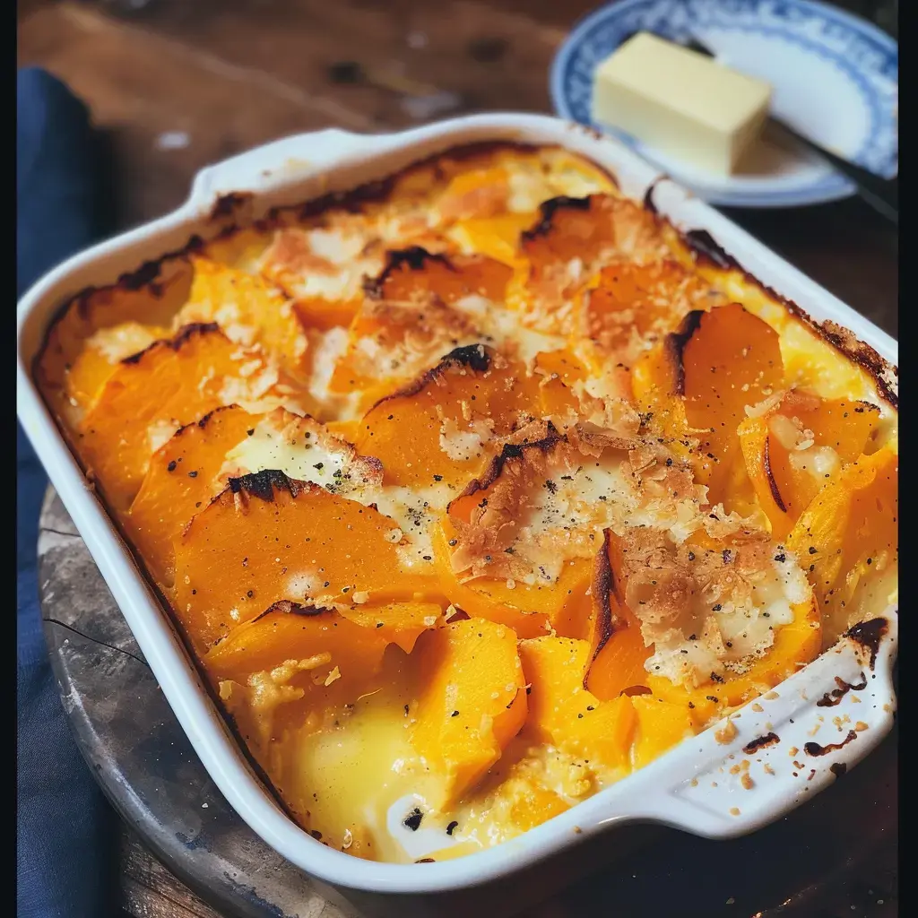 A cozy golden autumn bake made with butternut squash, paired with a melting butter garnish on the side.