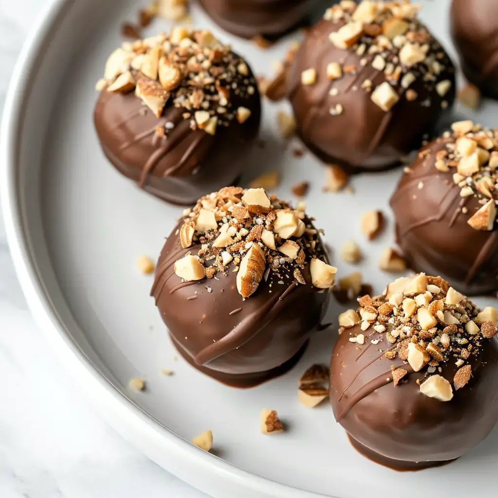 Chocolate balls topped with crushed nuts on a white plate.