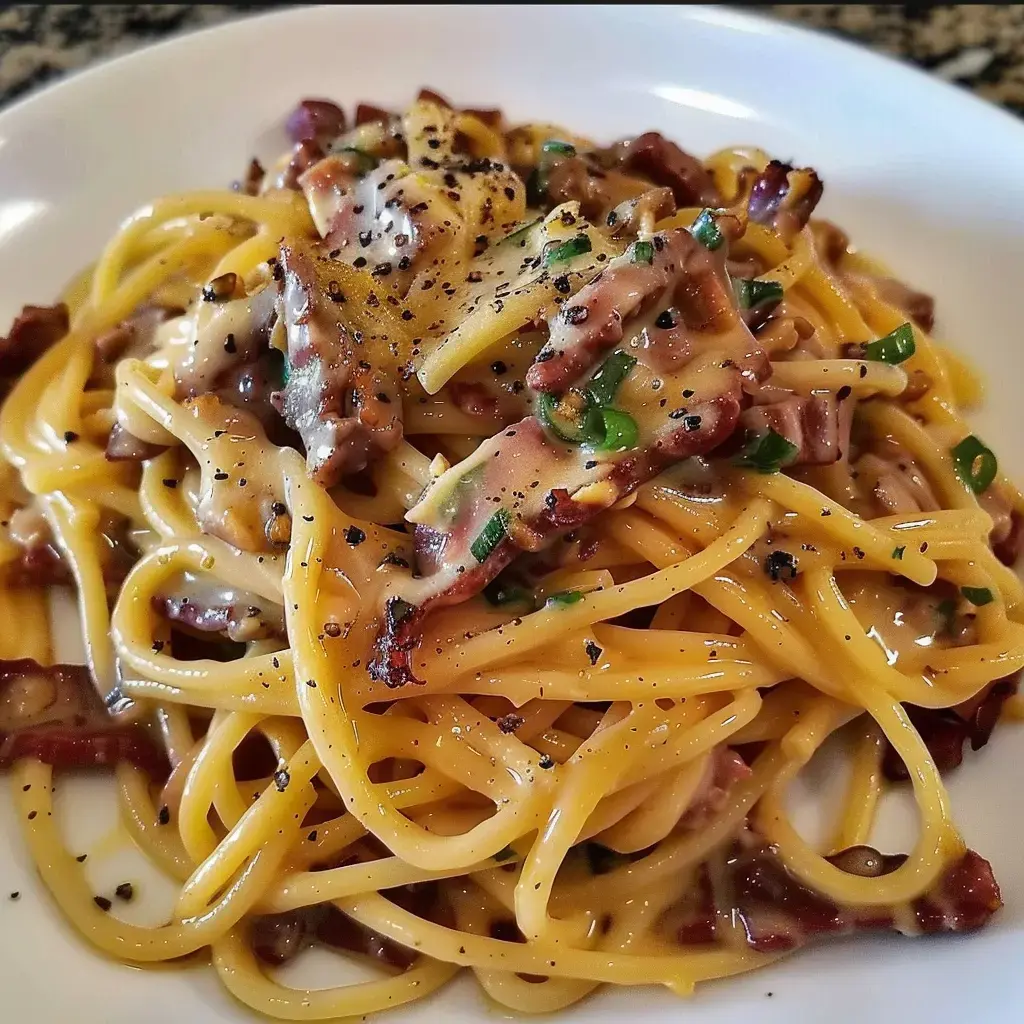 A plate of spaghetti topped with creamy sauce, beef bits, green onions, and black pepper.