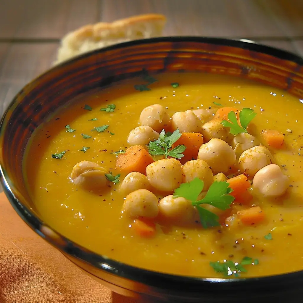 A hearty black bowl filled with creamy soup, chickpeas, carrots, and fresh parsley.