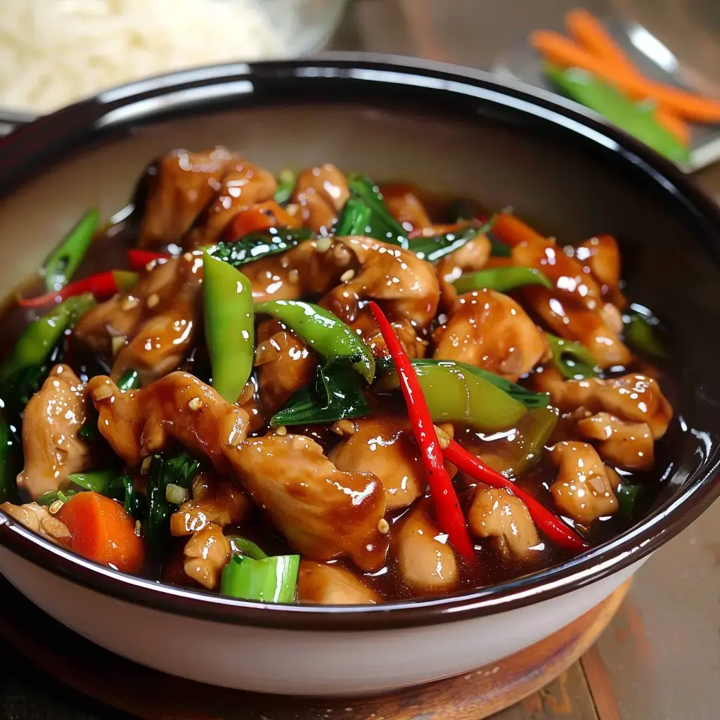 A bowl of crispy chicken with colorful veggies in a glossy sauce.