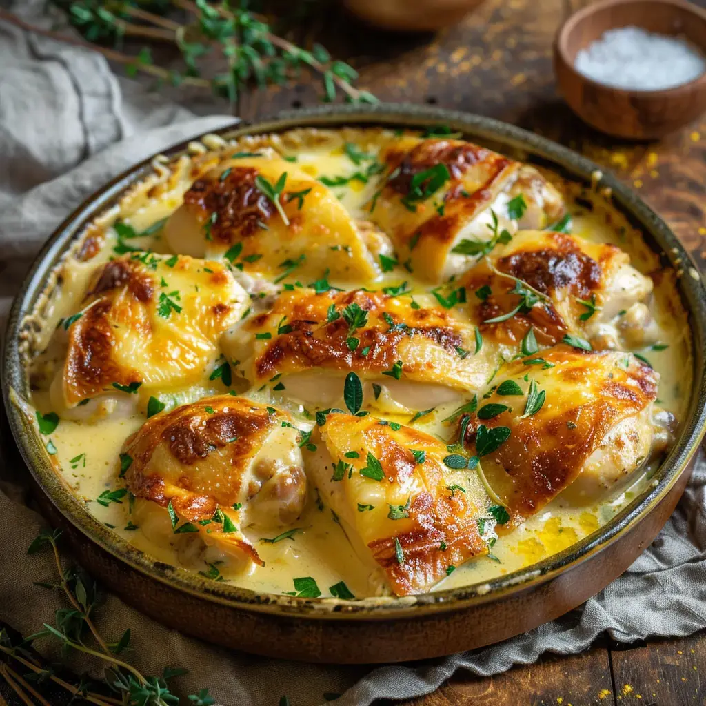 A plate of stuffed pasta with chicken, topped with a creamy sauce, garnished with fresh parsley, and baked to a golden finish.