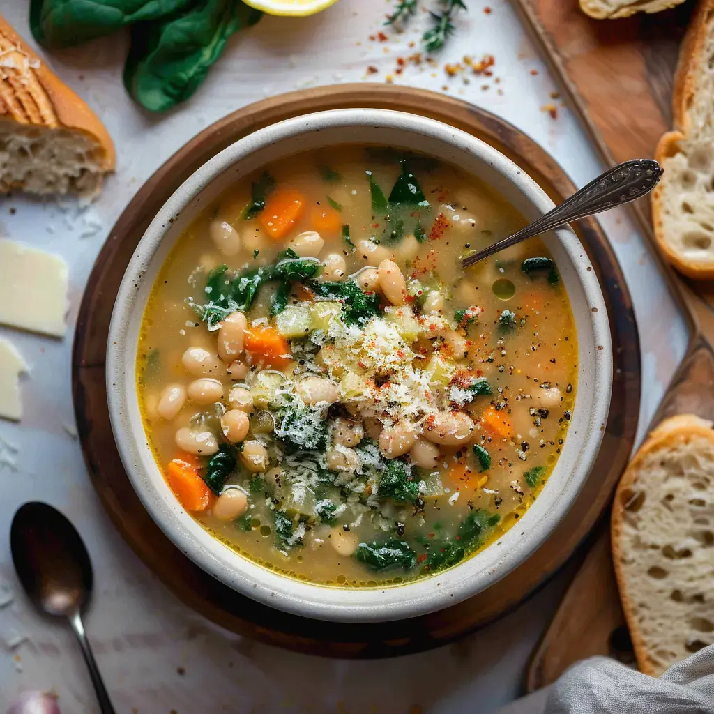 A bowl of white bean soup with spinach and carrots, topped with grated cheese and served with crusty bread.