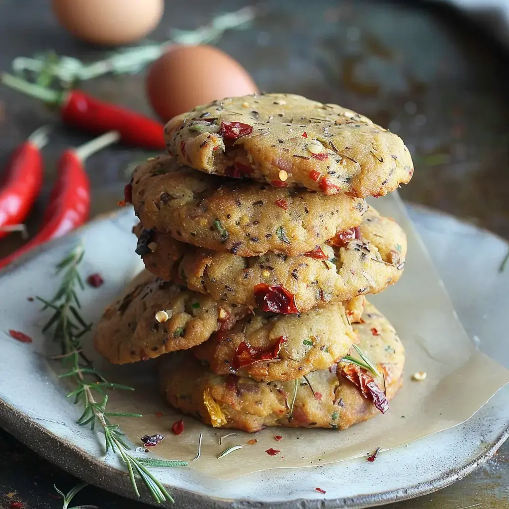 A stack of cookies topped with peppers, herbs, and other tasty ingredients on a plate.