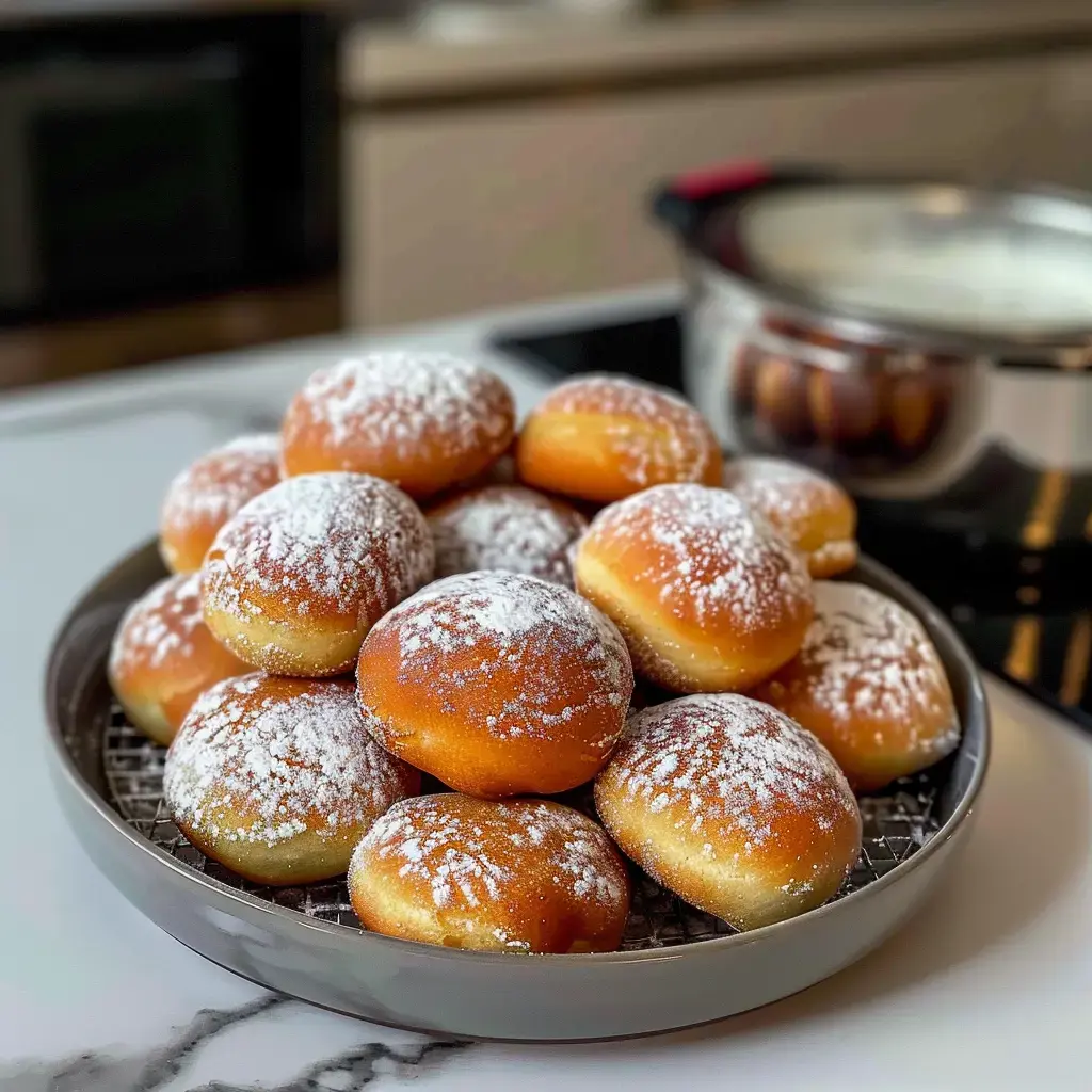 A plate filled with powdered sugar donuts stacked together, with a pot in the background.