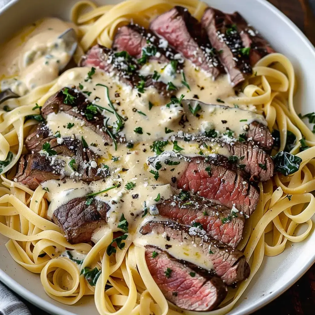 A bowl of fettuccine with tender steak strips, creamy sauce, and fresh parsley on top.