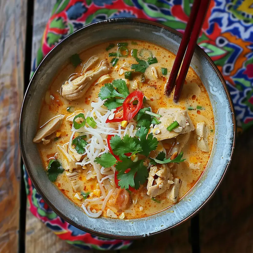 A bowl of creamy soup with chicken, noodles, fresh herbs, and red chilies, placed on a colorful tablecloth.