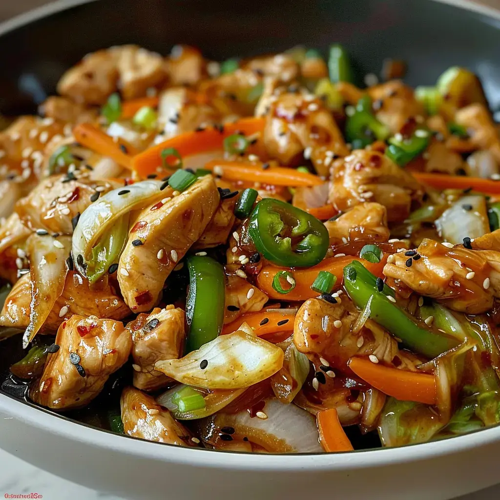 A bowl of stir-fried chicken and colorful vegetables, topped with sesame seeds and sauce.