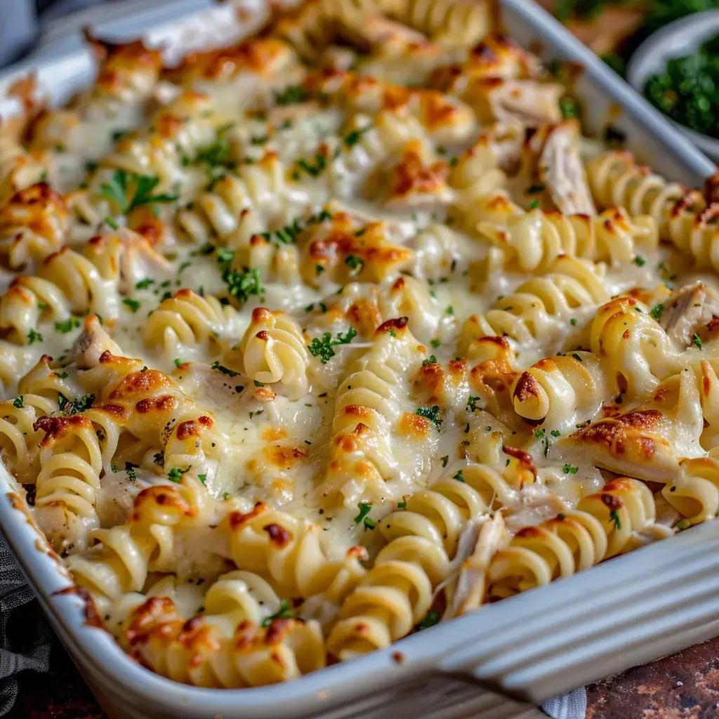 Golden baked pasta topped with melted cheese and fresh parsley.