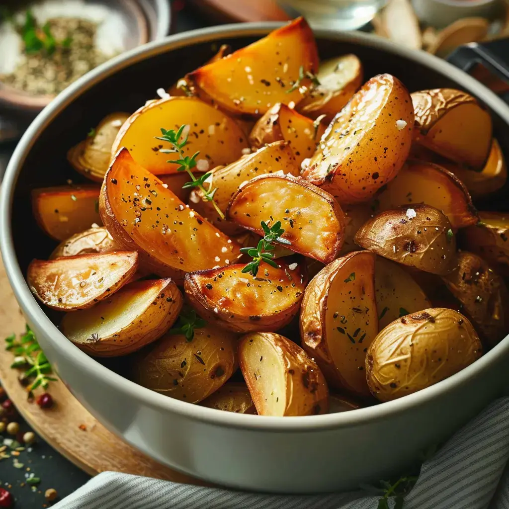 Bowl of golden roasted potatoes with herbs and spices.