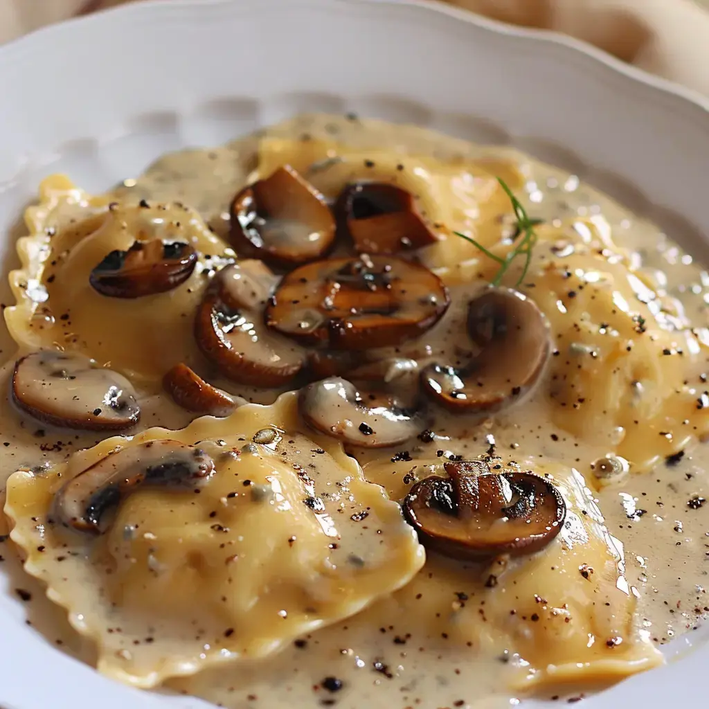 Ravioli stuffed with cheese in a smooth sauce, topped with sautéed mushrooms.