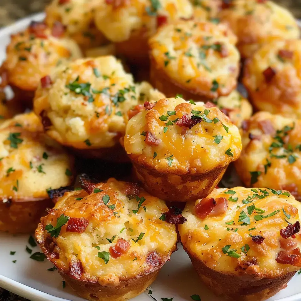 Savory muffins featuring bacon, cheddar, and parsley, arranged on a serving platter.