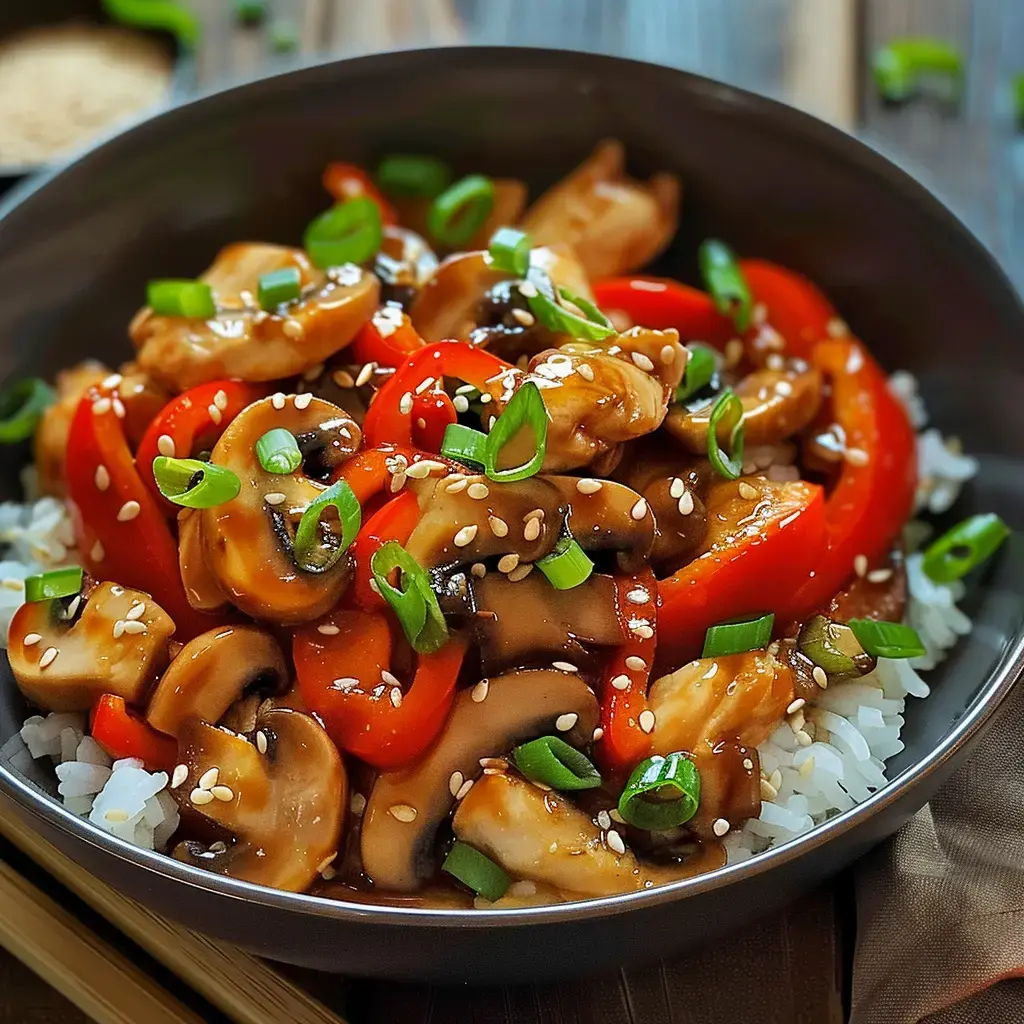 A bowl of rice topped with sautéed chicken, mushrooms, red peppers, and green onions, sprinkled with sesame seeds.