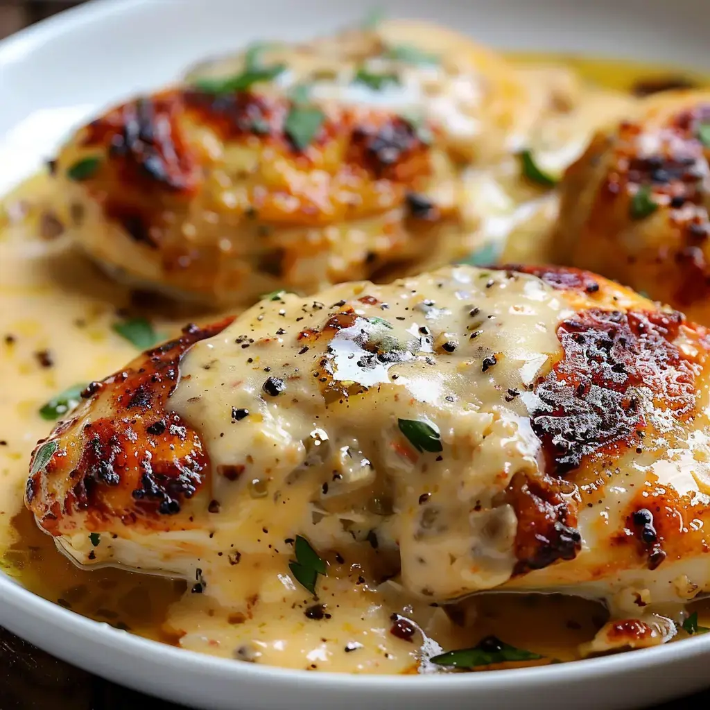 Grilled chicken in creamy sauce topped with fresh herbs.