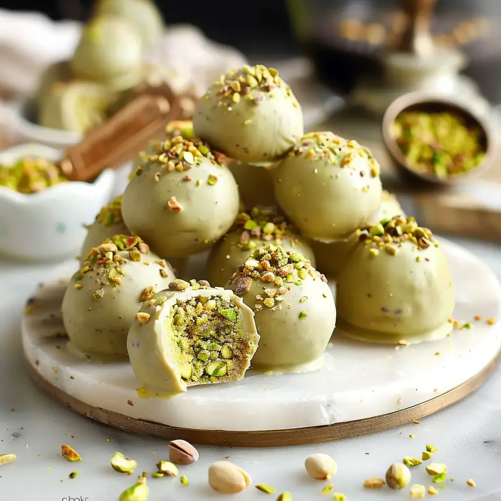 Round white chocolate truffles topped with pistachios, served on a marble plate.