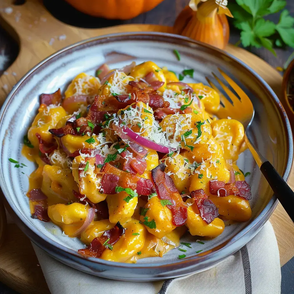 A plate of orange-sauced gnocchis topped with crispy bacon, red onions, and parmesan on a decorative plate.