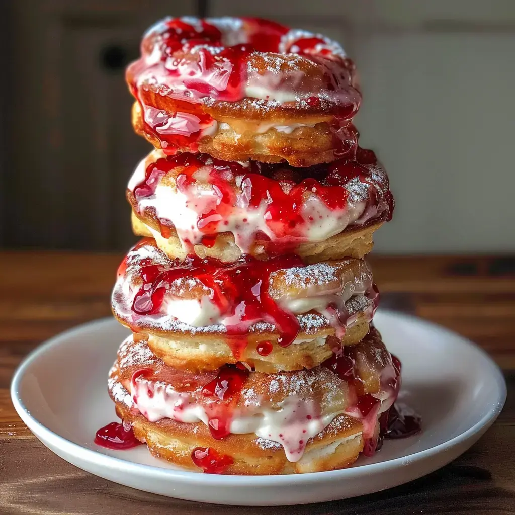A stack of four donuts filled with creamy cheesecake and topped with red fruit sauce, dusted with powdered sugar.