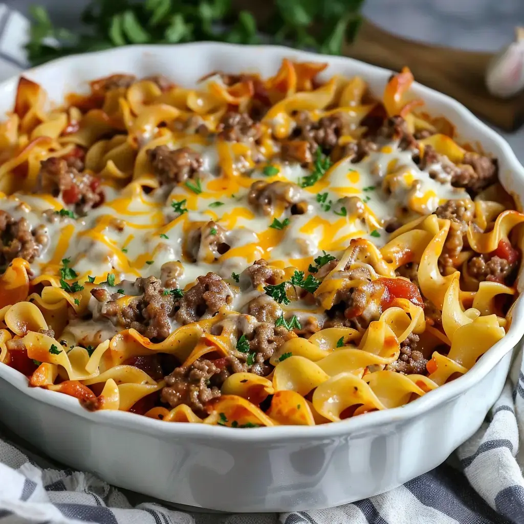 A casserole dish filled with pasta, ground beef, tomato sauce, and melted cheese, served in a white container.