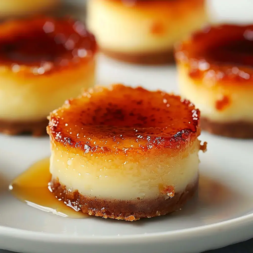 Mini desserts with a golden caramel top sitting on a plate.