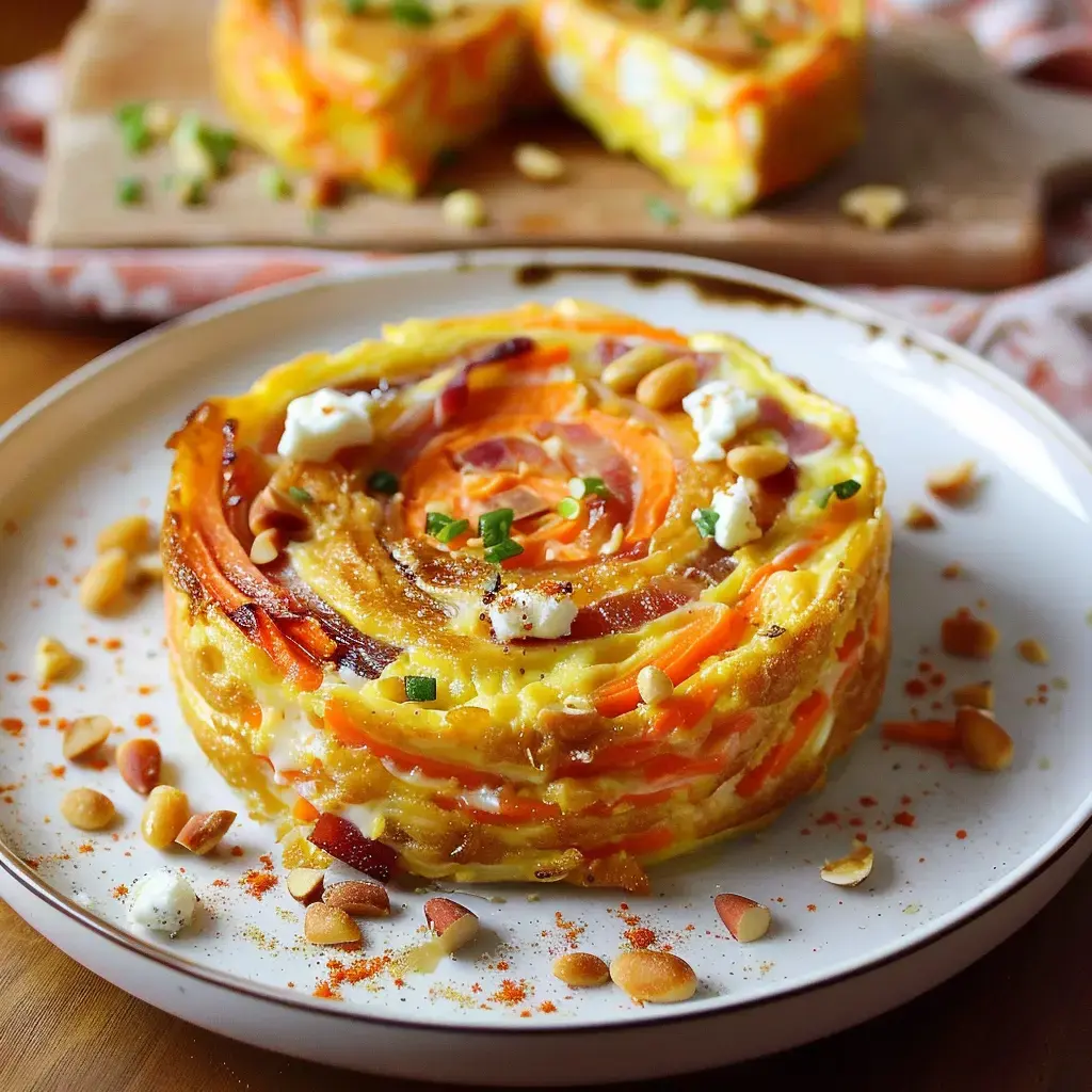 A colorful dish arranged in a spiral of veggies, topped with pine nuts and cheese on a plate.