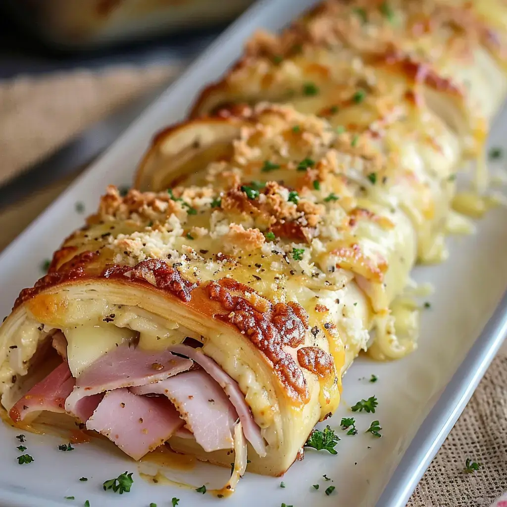 A dough roll stuffed with ham and cheese, topped with melted cheese and chopped parsley, served on a plate.