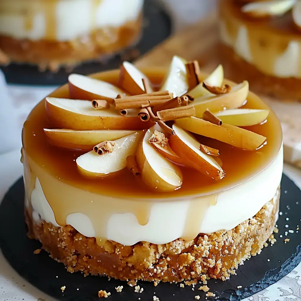 Caramel cake topped with apple slices and cinnamon sticks on a cookie base.