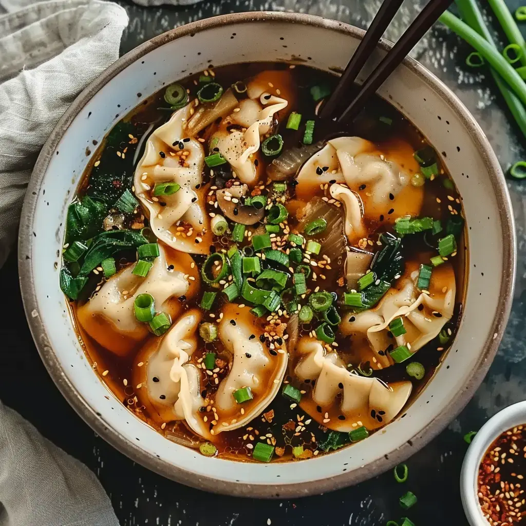 A bowl of soup featuring dumplings, green onions, sesame seeds, and vegetables in a tasty broth.