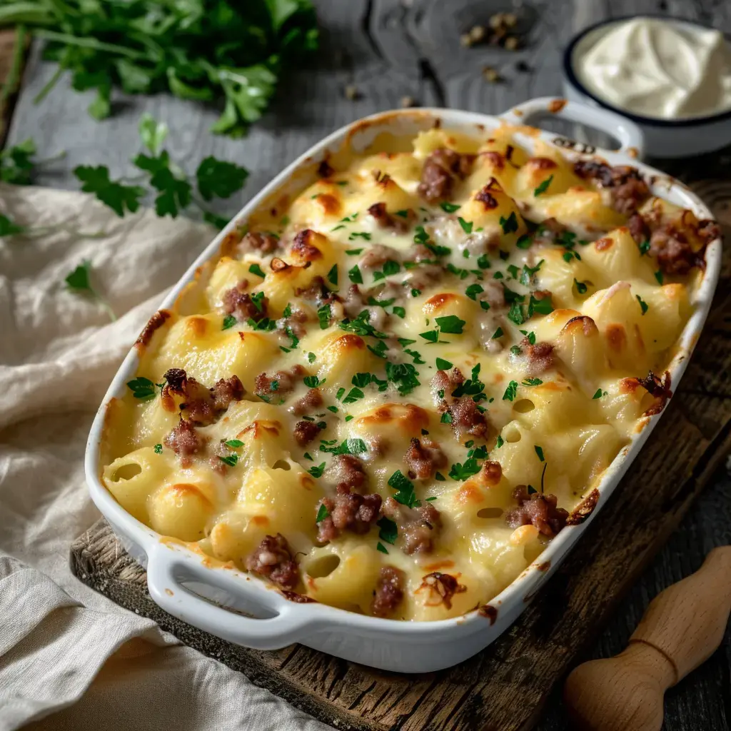 A creamy baked pasta dish with ground beef, topped with melted cheese and fresh parsley.