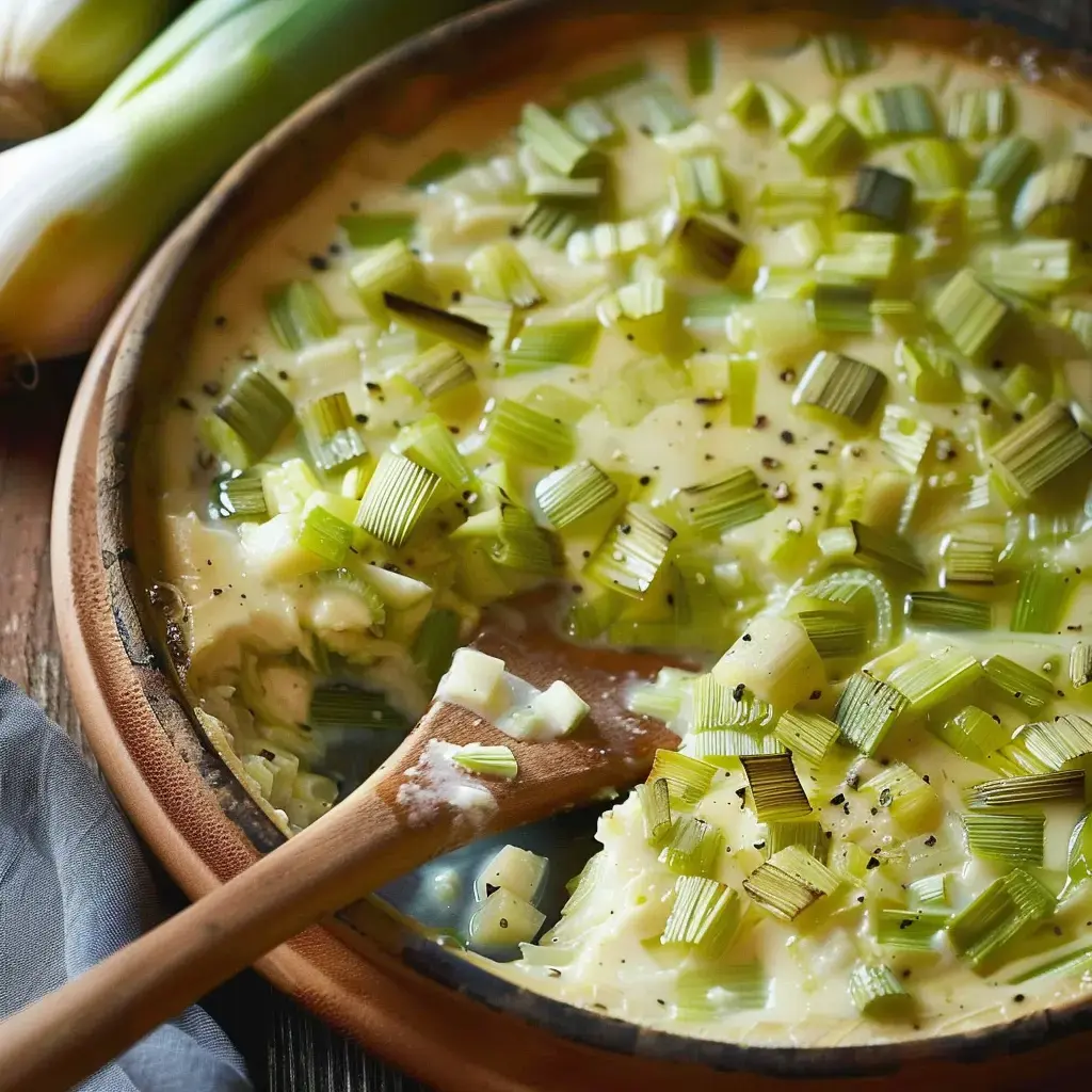 A dreamy leek dish garnished with fresh leek pieces and a sprinkle of pepper.