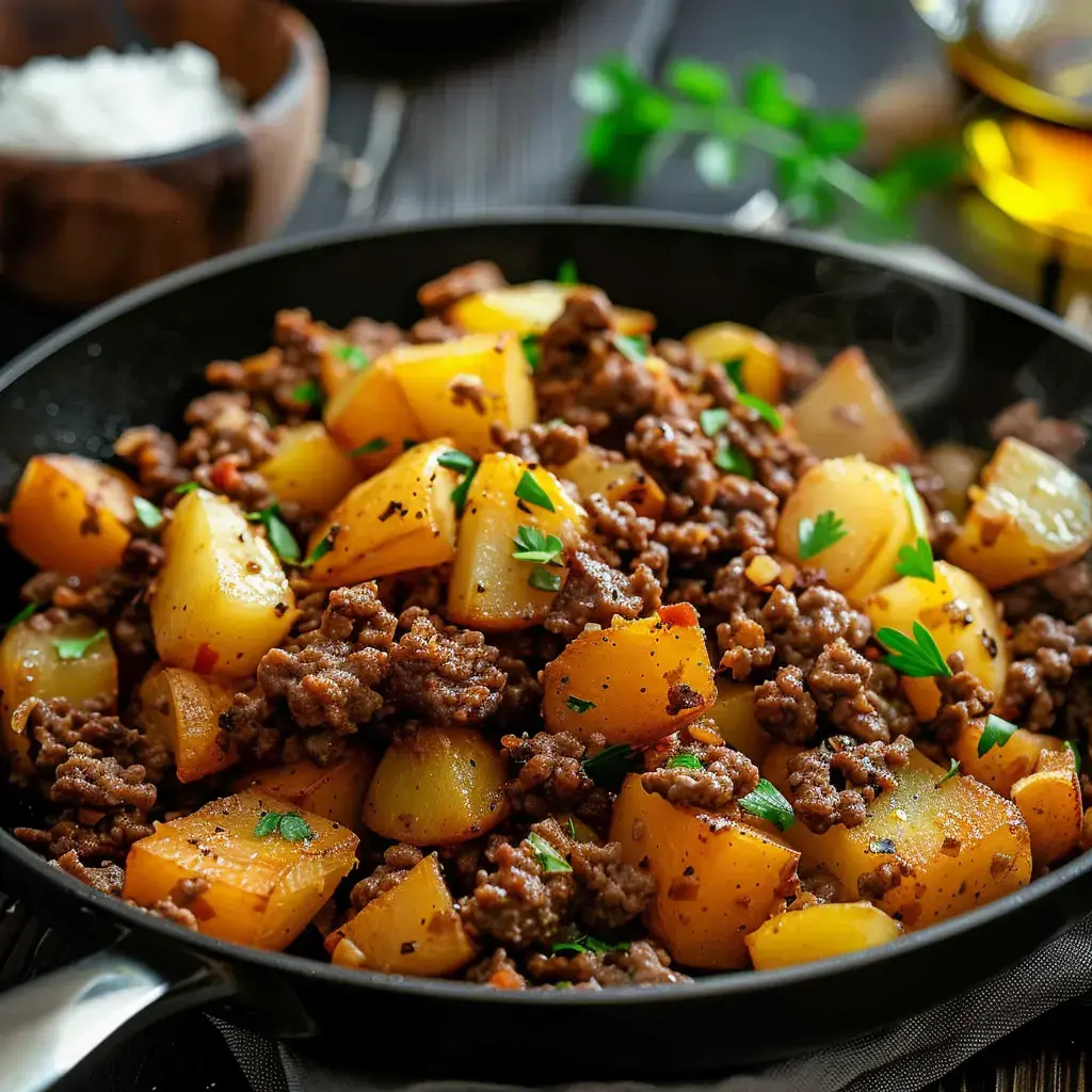 A hearty skillet filled with seasoned ground beef and golden potatoes, topped with fresh parsley.