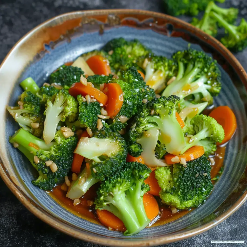 A dish of broccoli and carrots in garlic sauce, topped with nuts.