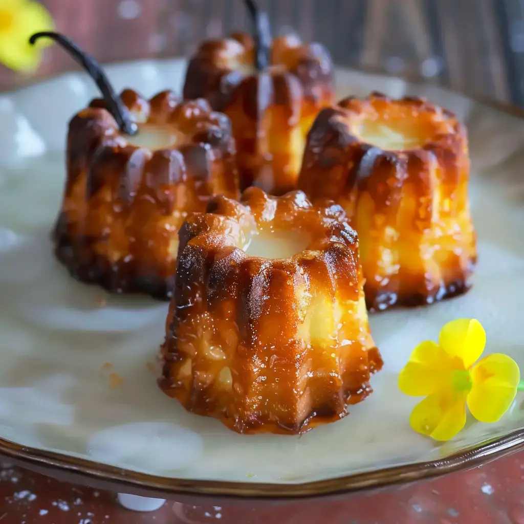 Four golden canelés plated with a decorative yellow flower.