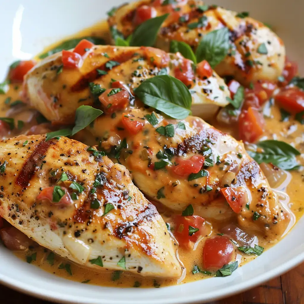 Grilled chicken fillets served in a creamy sauce with fresh tomatoes and basil.