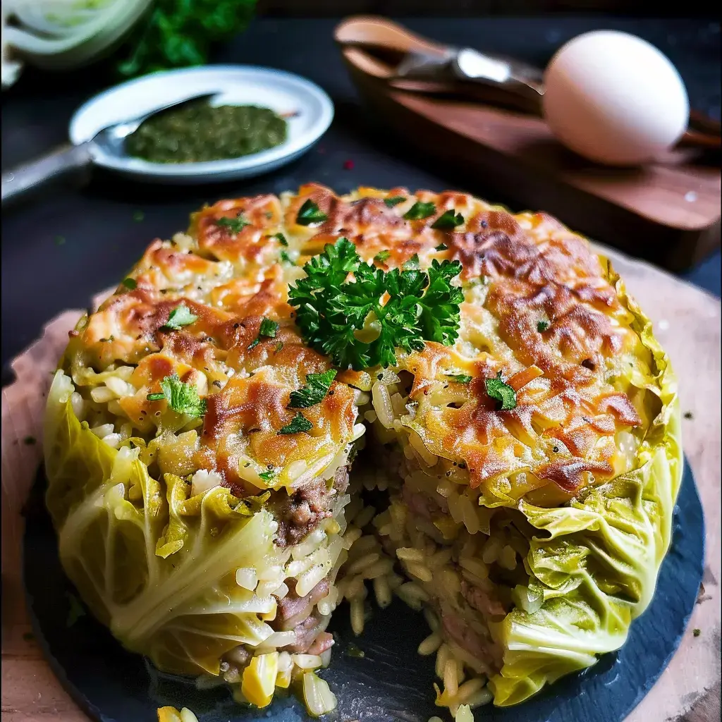 A dish with a layered cabbage and meat filling, garnished with parsley, sitting on a black plate.