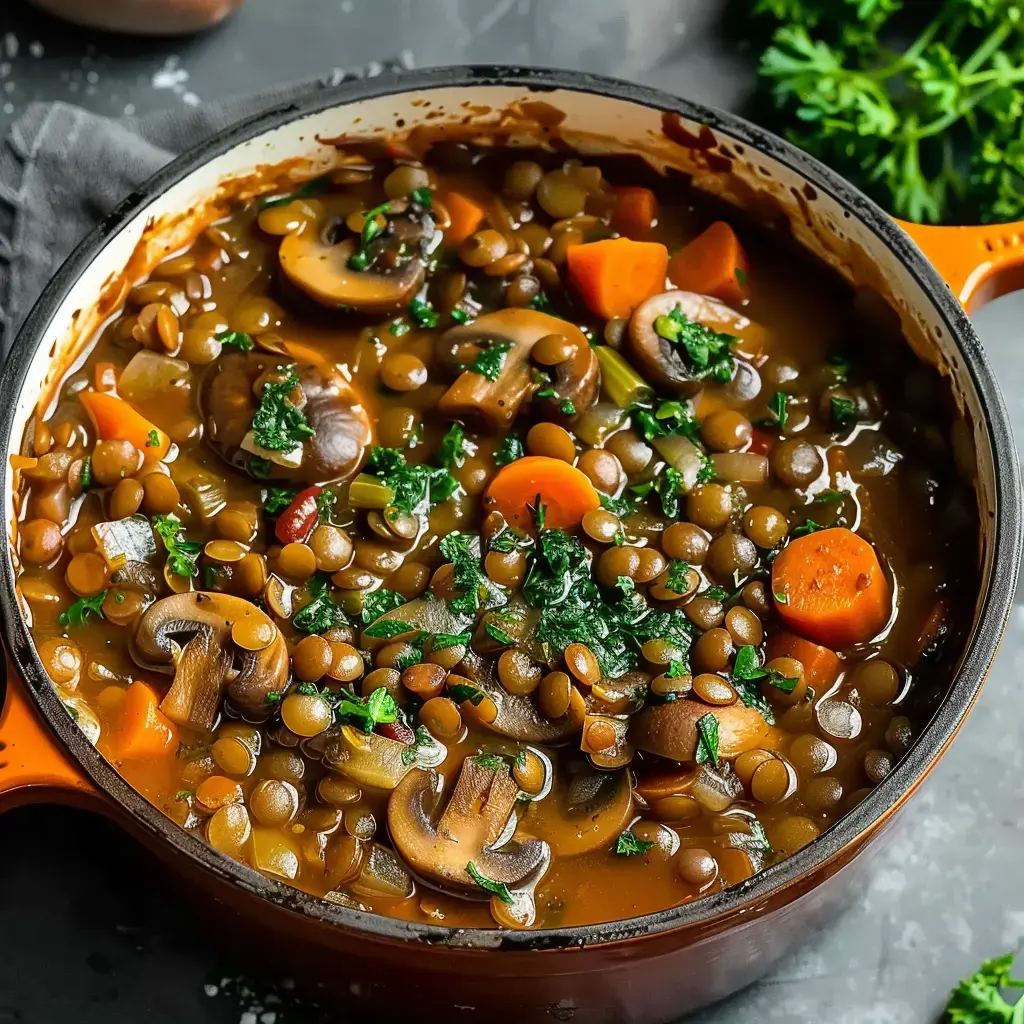 A pot of lentil and mushroom stew garnished with fresh parsley, featuring chunks of carrots.