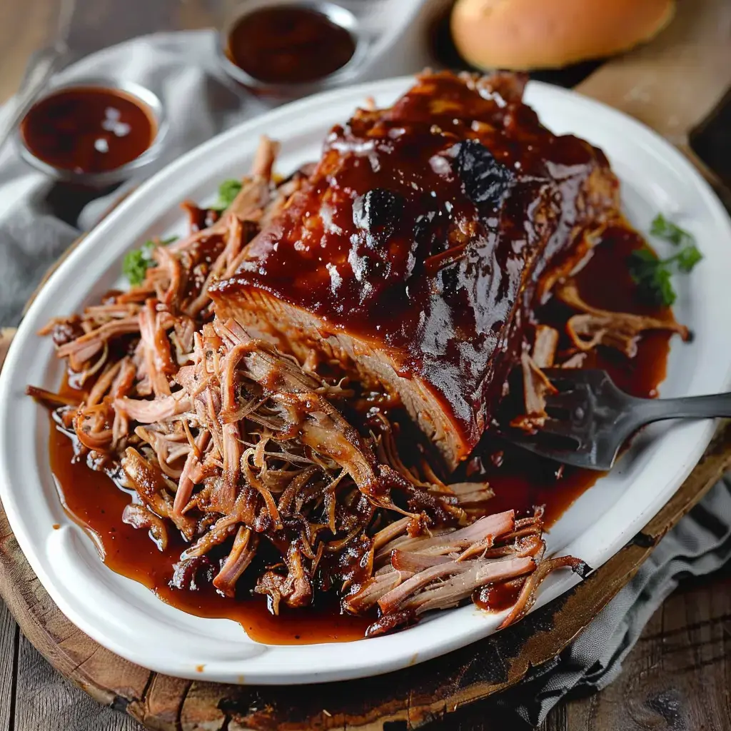 A platter of tender, shredded pork covered in BBQ sauce, served with a side of rolls and extra sauces.