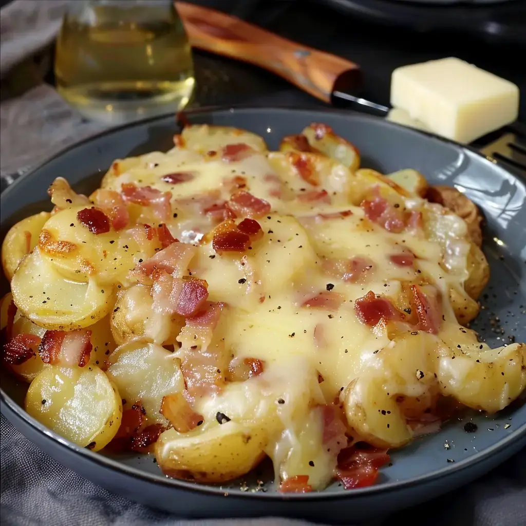 A hearty dish of golden potatoes with melted cheese and crispy bacon, served on a grey plate.