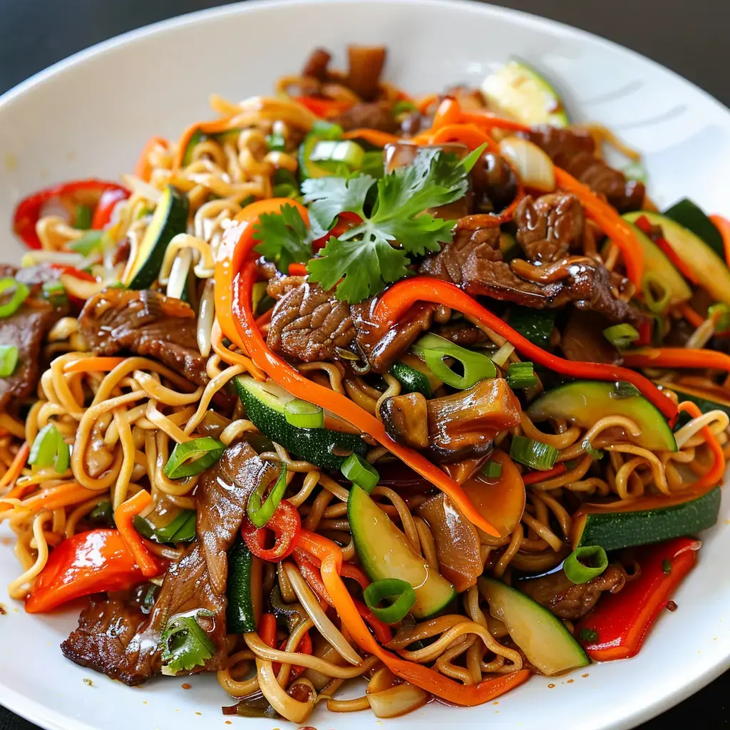 A bowl of stir-fried noodles with beef, colorful vegetables, and cilantro garnish.