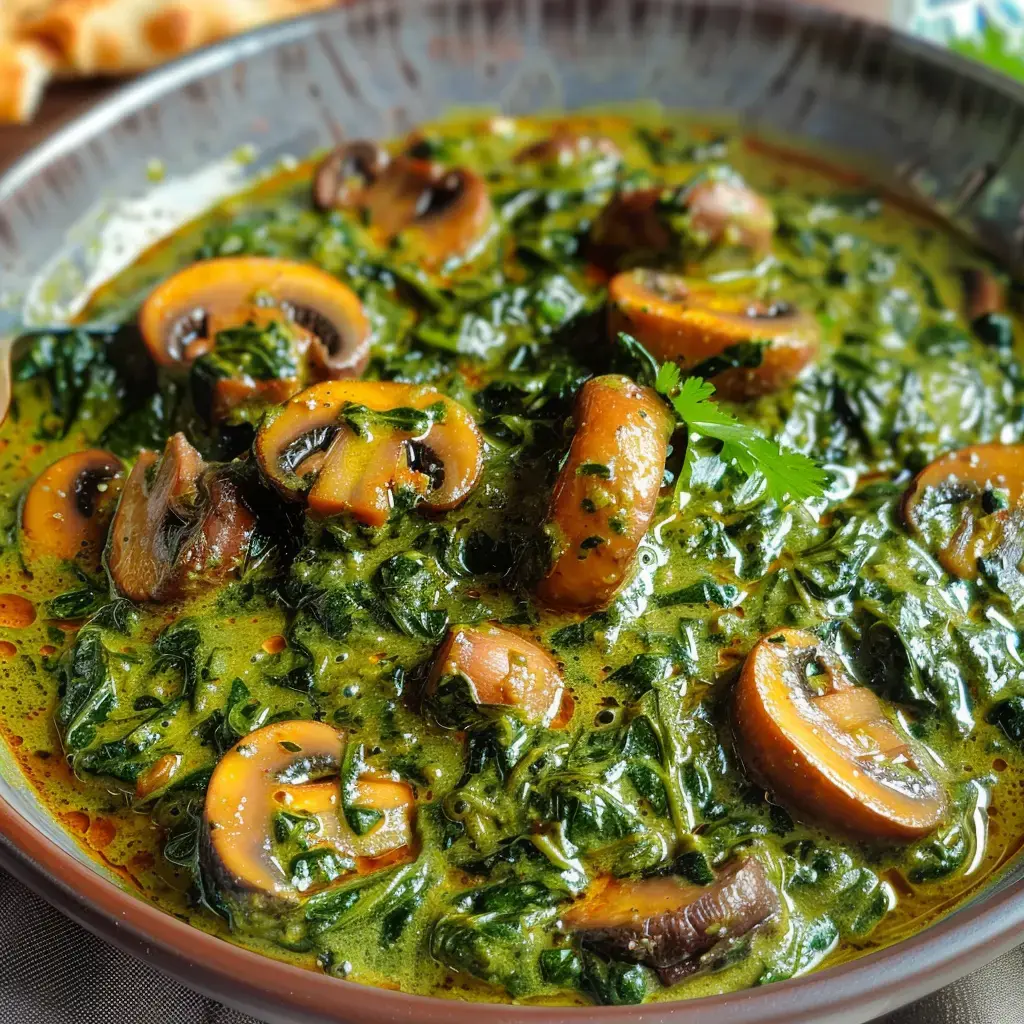 A dish of mushrooms simmered in a spicy green sauce, garnished with spinach leaves.