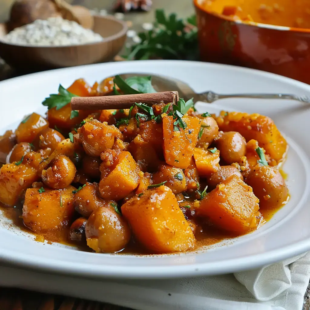 A bowl of pumpkin and chickpea stew seasoned with cinnamon and garnished with herbs.