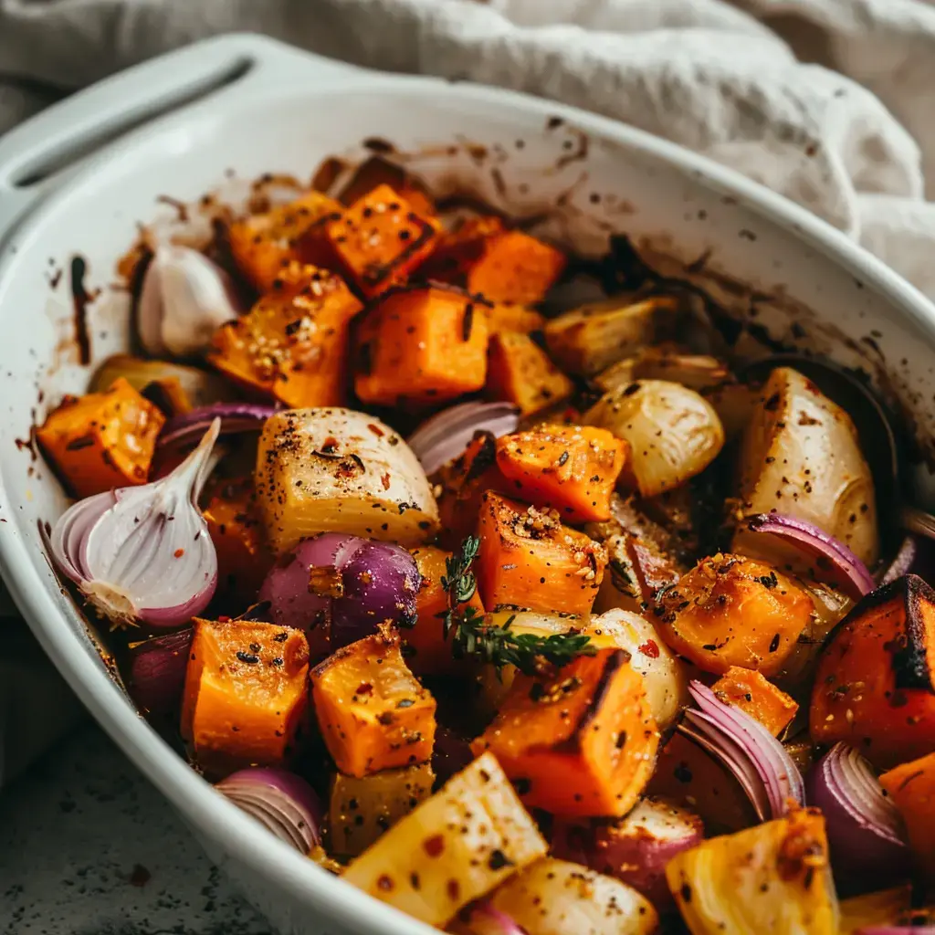 A dish of colorful roasted vegetables like squash, onions, and garlic, seasoned with nutmeg and thyme.